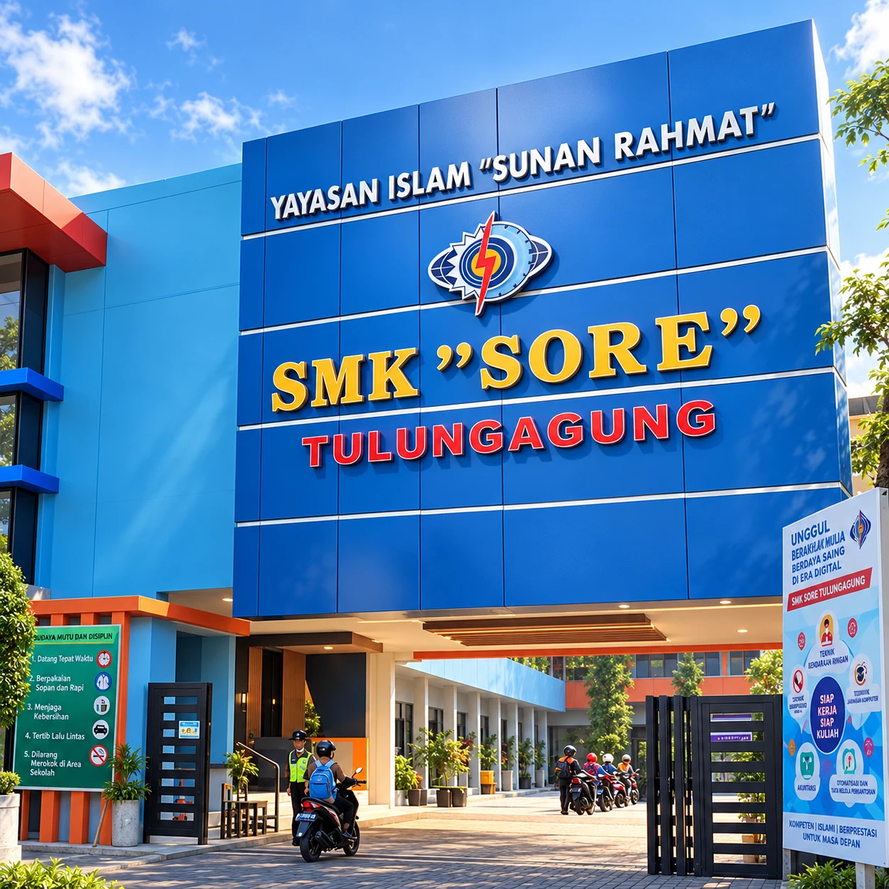 Gedung SMK SORE Tulungagung dengan tulisan Yayasan Islam Sunan Rahmat